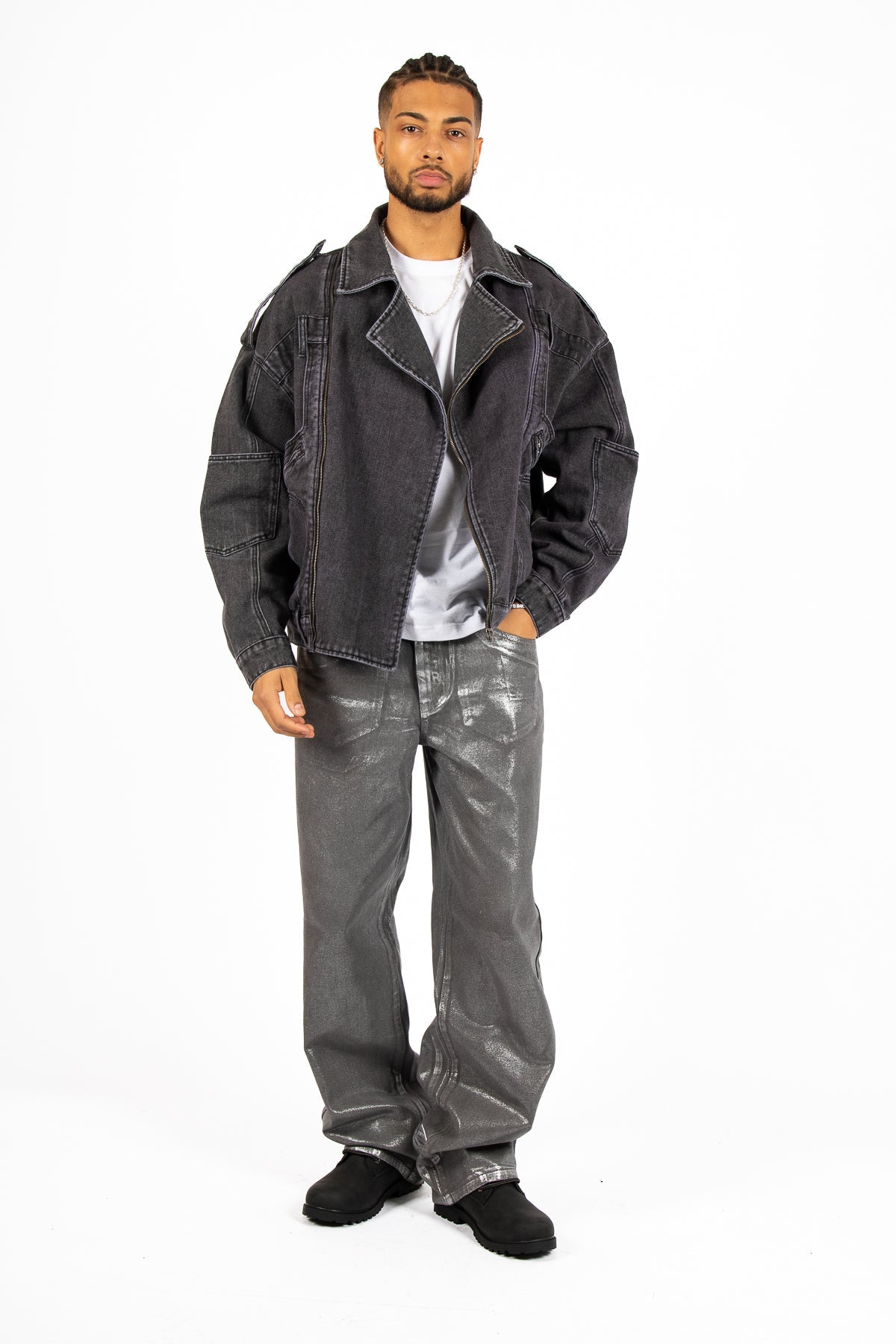 Washed Black Biker Jacket Oversized - Liquor n Poker