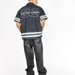 Washed Black Contrast Stitch Barrel Varsity Jeans - Liquor n Poker