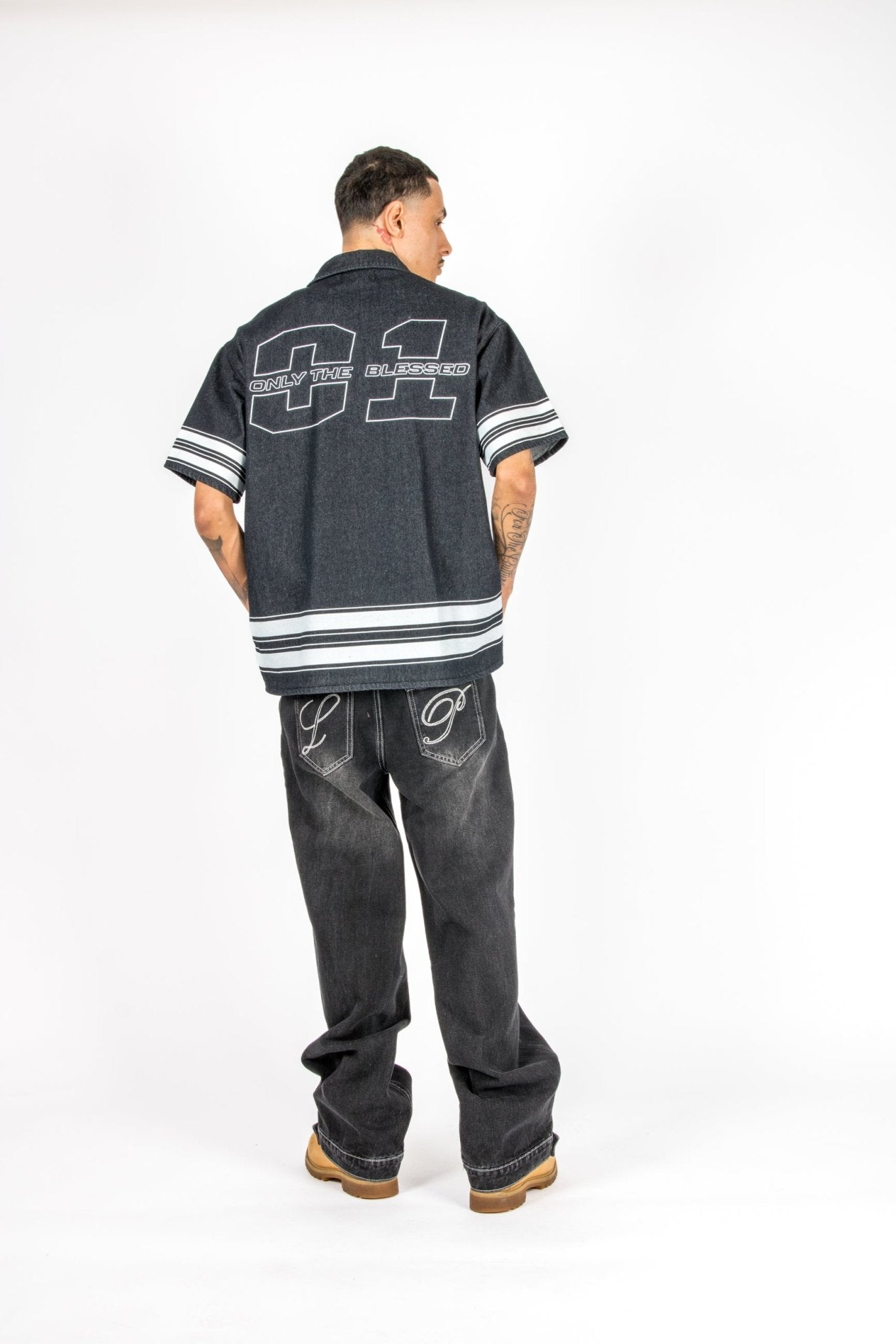 Washed Black Contrast Stitch Barrel Varsity Jeans - Liquor n Poker
