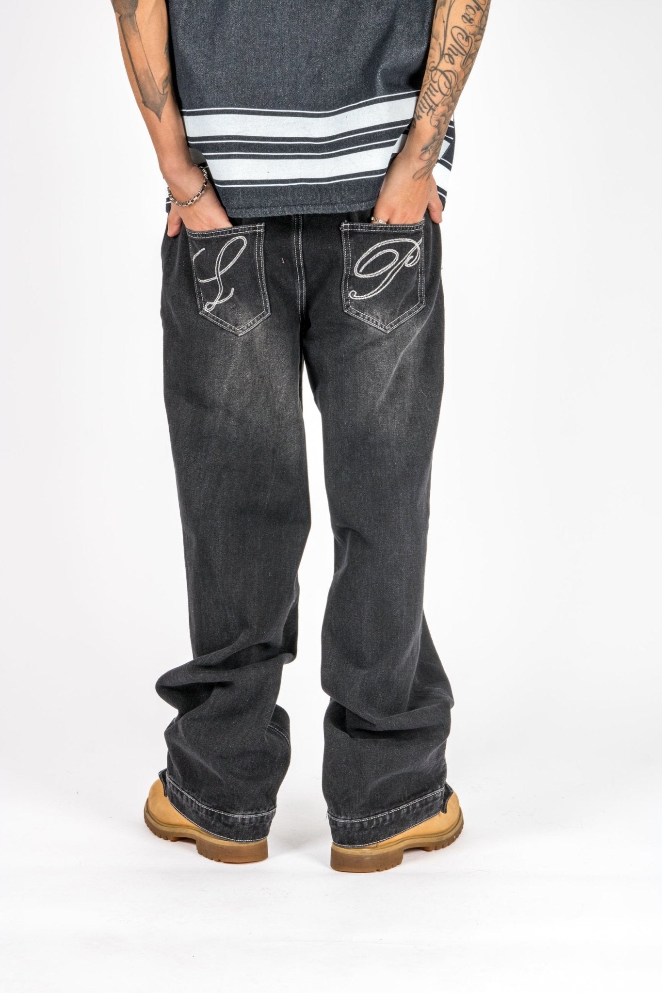 Washed Black Contrast Stitch Barrel Varsity Jeans - Liquor n Poker
