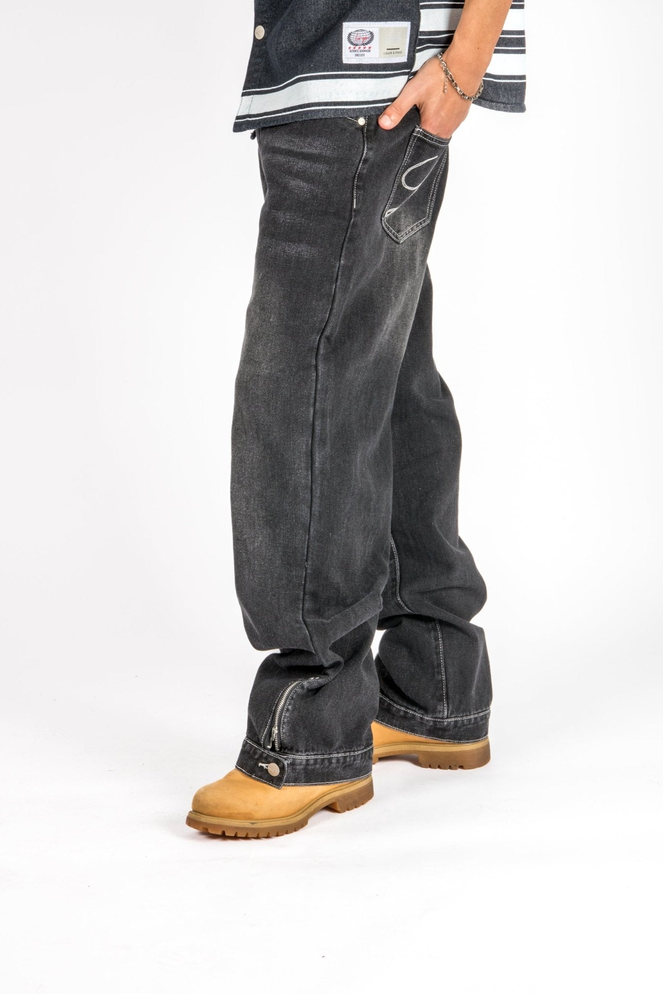 Washed Black Contrast Stitch Barrel Varsity Jeans - Liquor n Poker