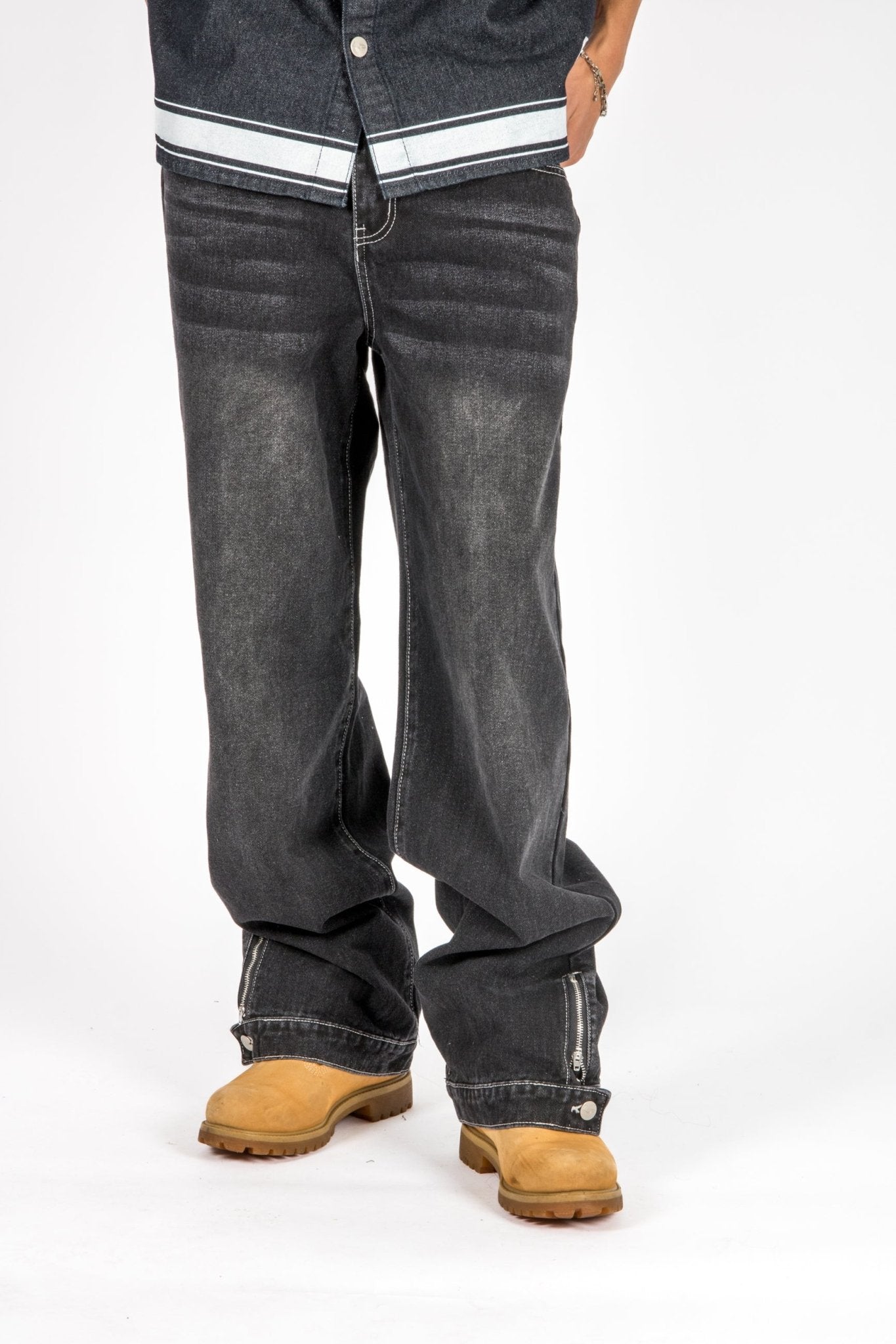 Washed Black Contrast Stitch Barrel Varsity Jeans - Liquor n Poker