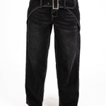 Washed Black Contrast Stitch & Buckle Detail Baggy Jean - Liquor n Poker