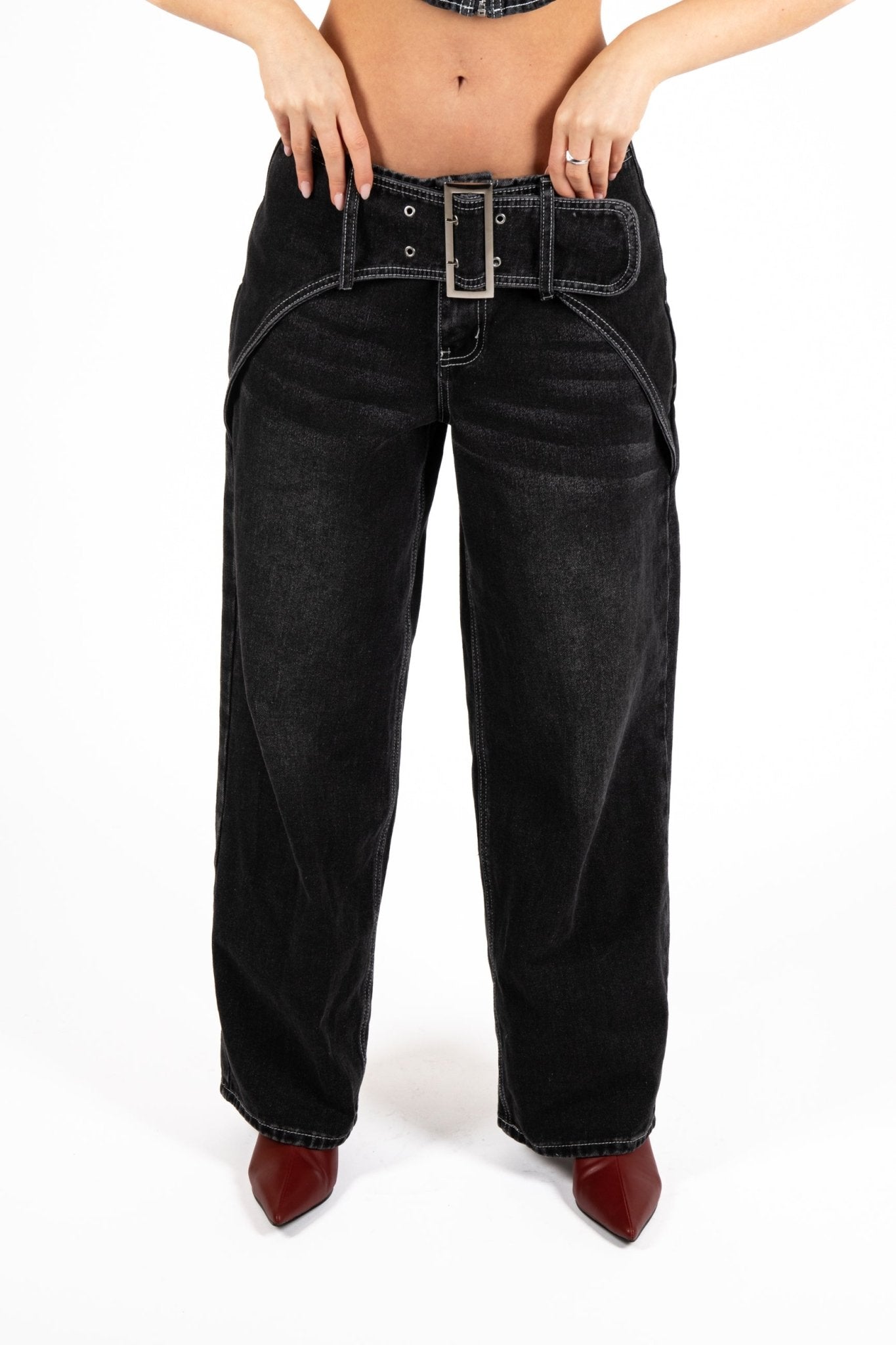 Washed Black Contrast Stitch & Buckle Detail Baggy Jean - Liquor n Poker