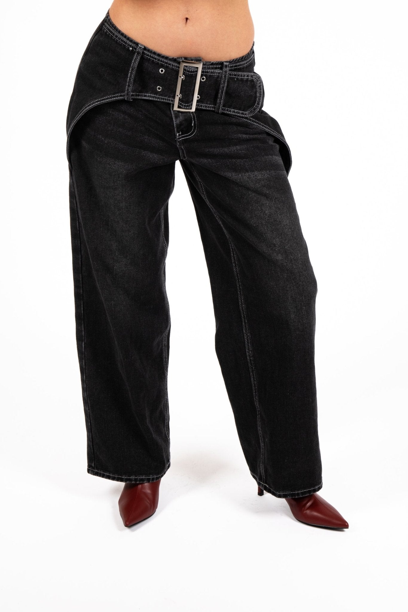 Washed Black Contrast Stitch & Buckle Detail Baggy Jean - Liquor n Poker