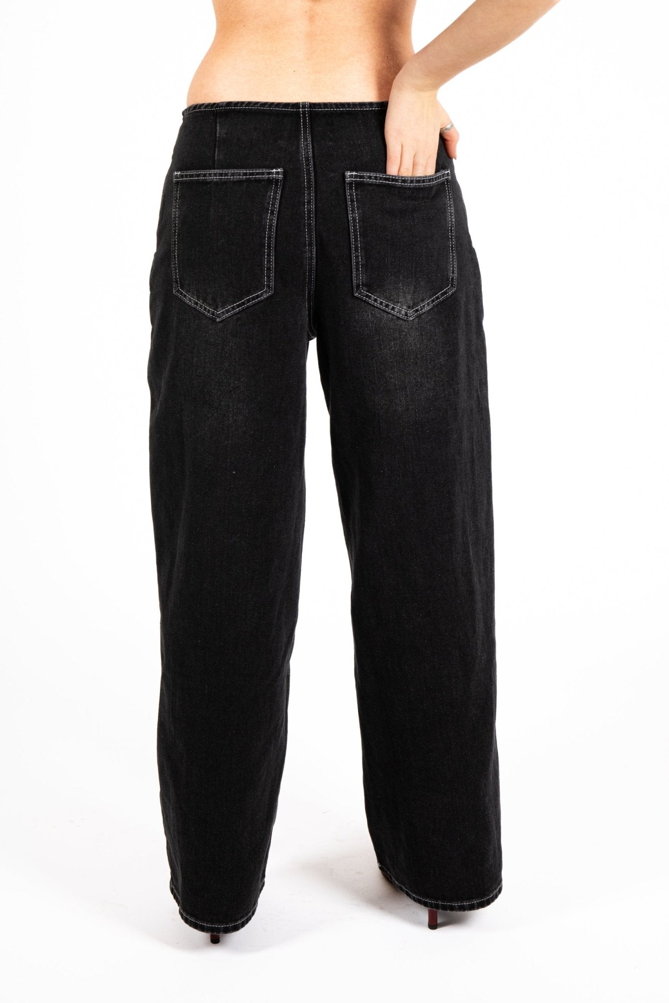 Washed Black Contrast Stitch & Buckle Detail Baggy Jean - Liquor n Poker