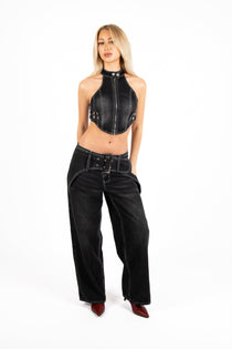 Washed Black Contrast Stitch & Buckle Detail Baggy Jean - Liquor n Poker