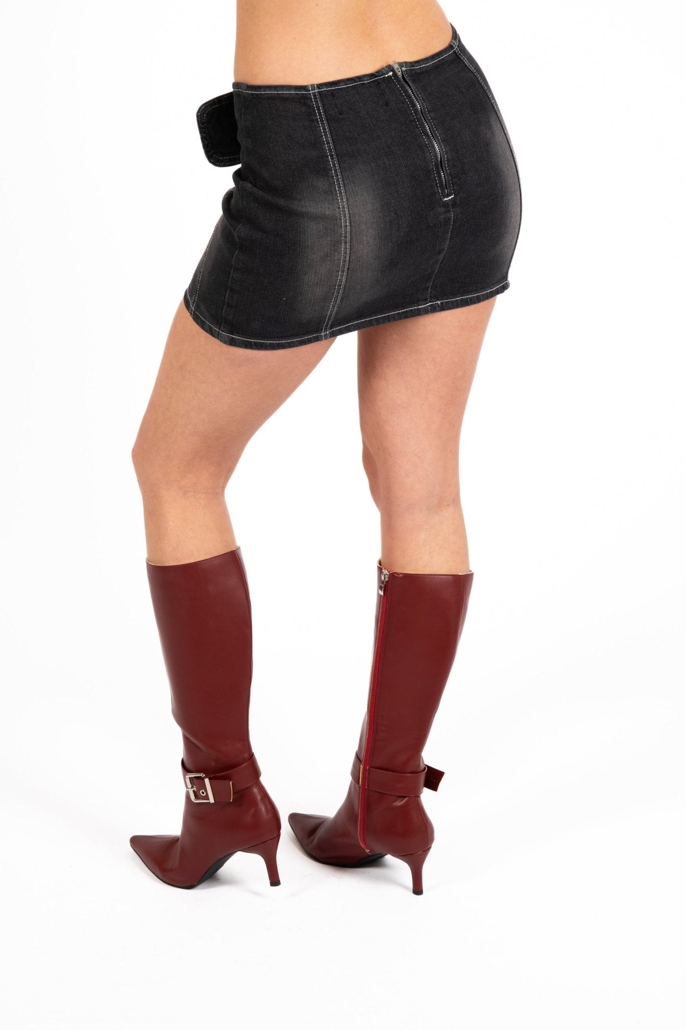Washed Black Contrast Stitch & Buckle Detail Micro Mini Skirt - Liquor n Poker