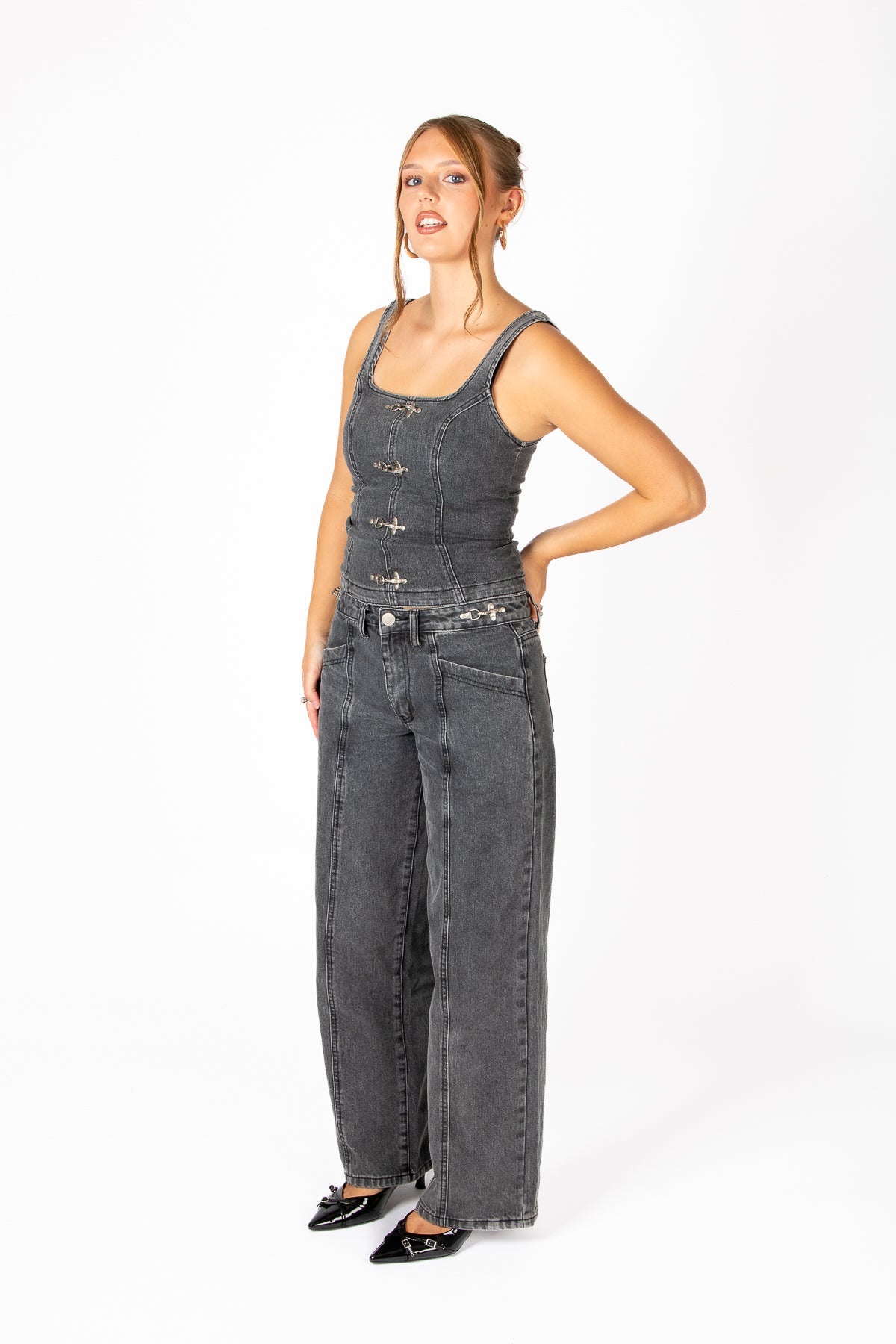 Washed Black Denim Corset With Clasp Detail - Liquor n Poker