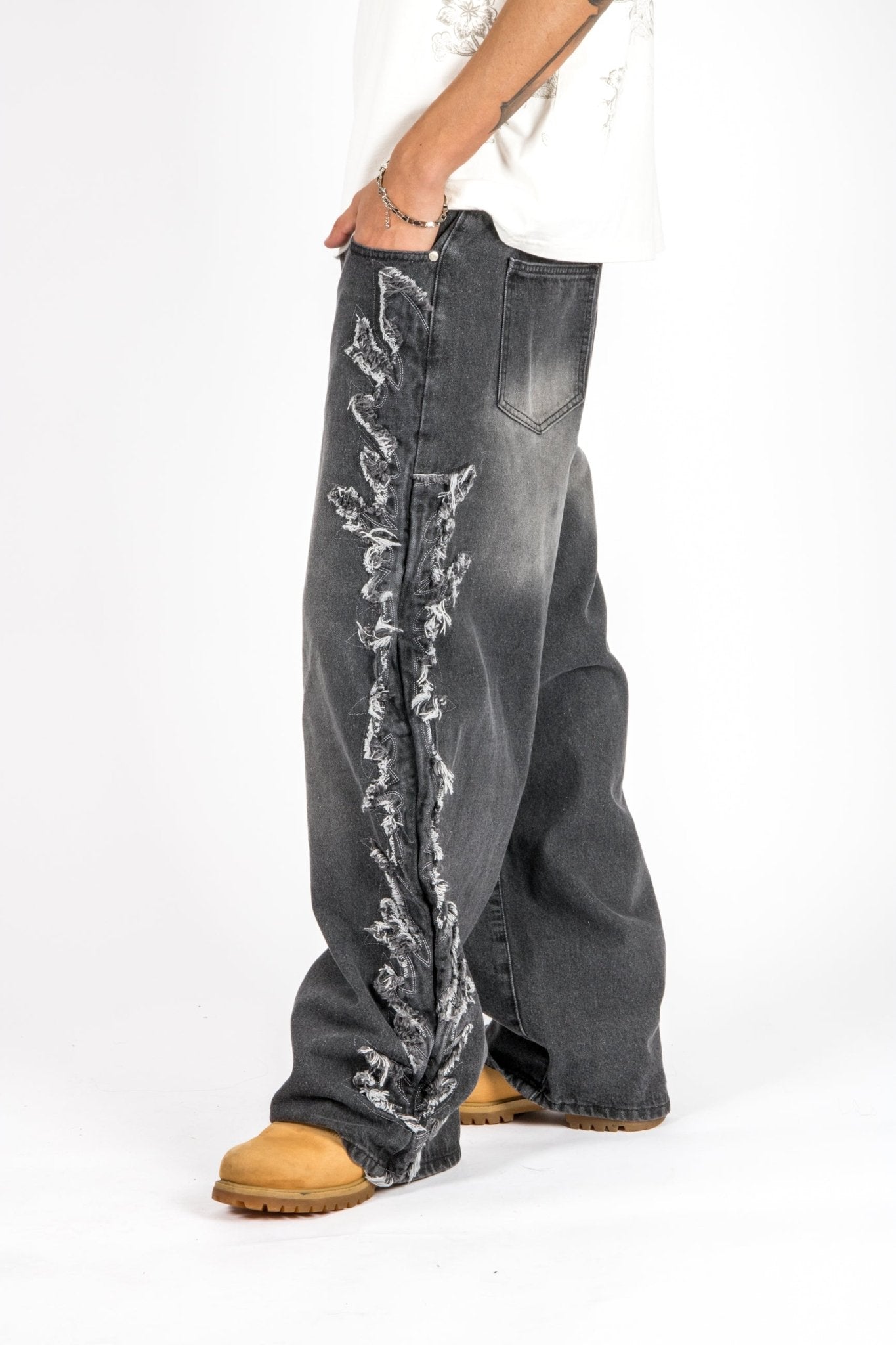 Washed Black Distressed Applique Jean - Liquor n Poker