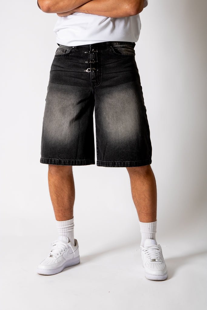 Washed Black Fireman Buckle Denim Jorts - Liquor n Poker