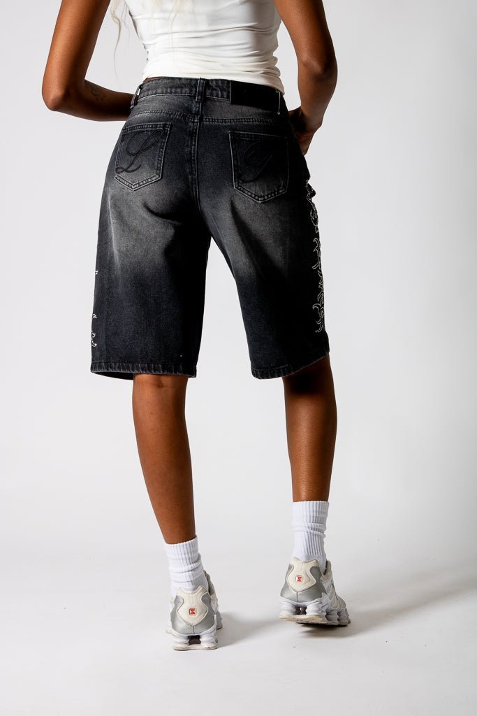 Washed Black Jorts With Diamante Flame Side Detail - Liquor n Poker