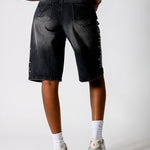 Washed Black Jorts With Diamante Flame Side Detail - Liquor n Poker