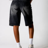 Washed Black Jorts With Diamante Flame Side Detail - Liquor n Poker