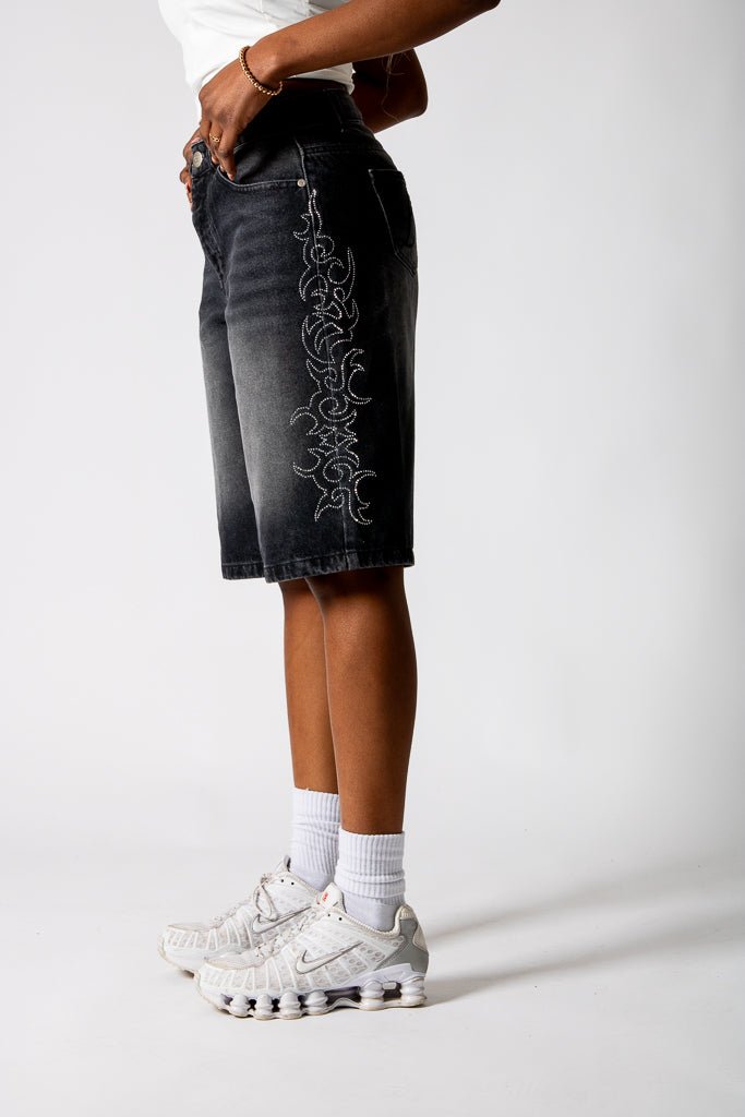 Washed Black Jorts With Diamante Flame Side Detail - Liquor n Poker