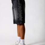 Washed Black Jorts With Diamante Flame Side Detail - Liquor n Poker