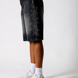 Washed Black Jorts With Diamante Flame Side Detail - Liquor n Poker