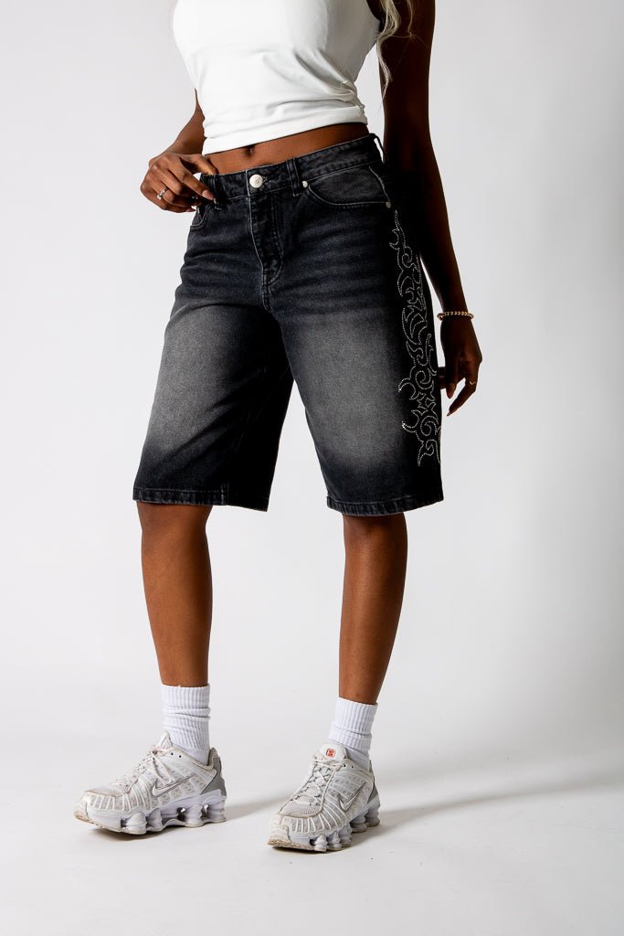 Washed Black Jorts With Diamante Flame Side Detail - Liquor n Poker