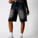 Washed Black Jorts With Diamante Flame Side Detail - Liquor n Poker