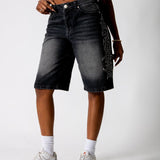 Washed Black Jorts With Diamante Flame Side Detail - Liquor n Poker