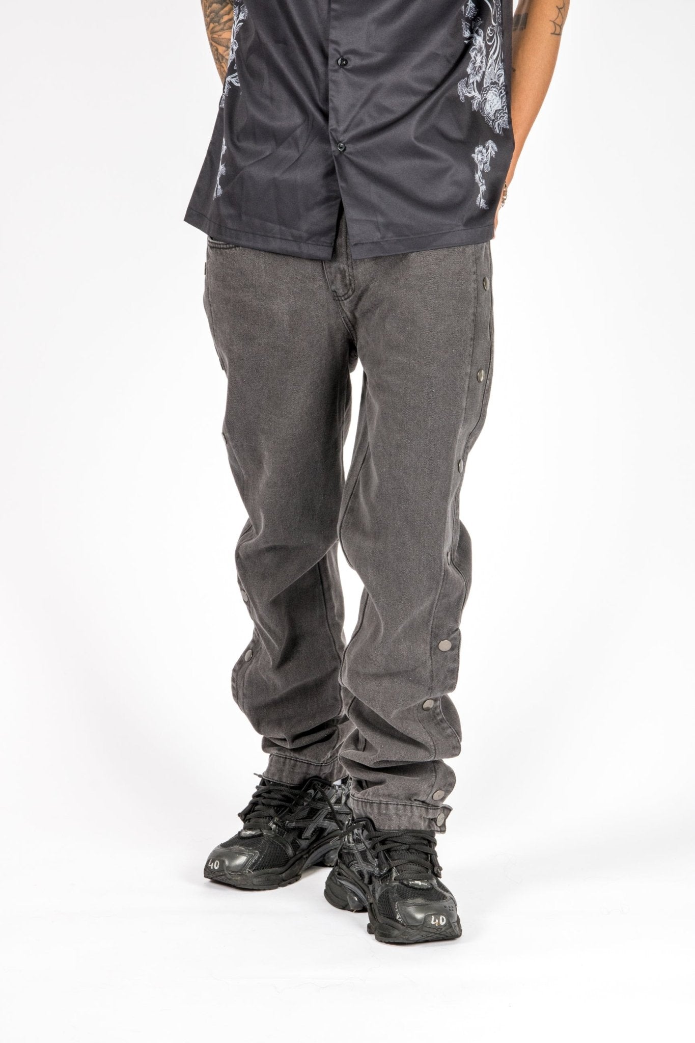 Washed Black Popper Detail Straight Leg Jeans - Liquor n Poker