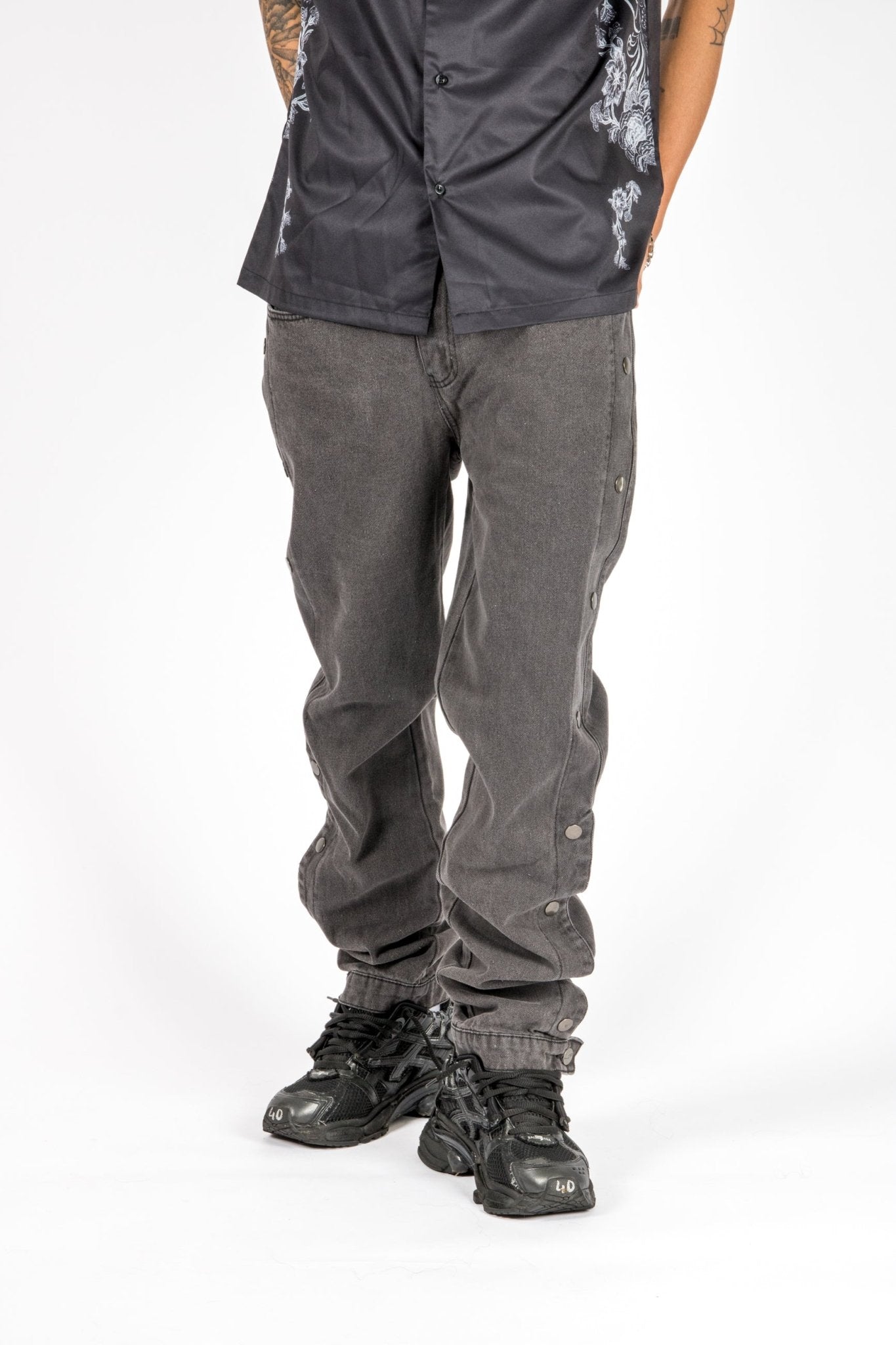 Washed Black Popper Detail Straight Leg Jeans - Liquor n Poker