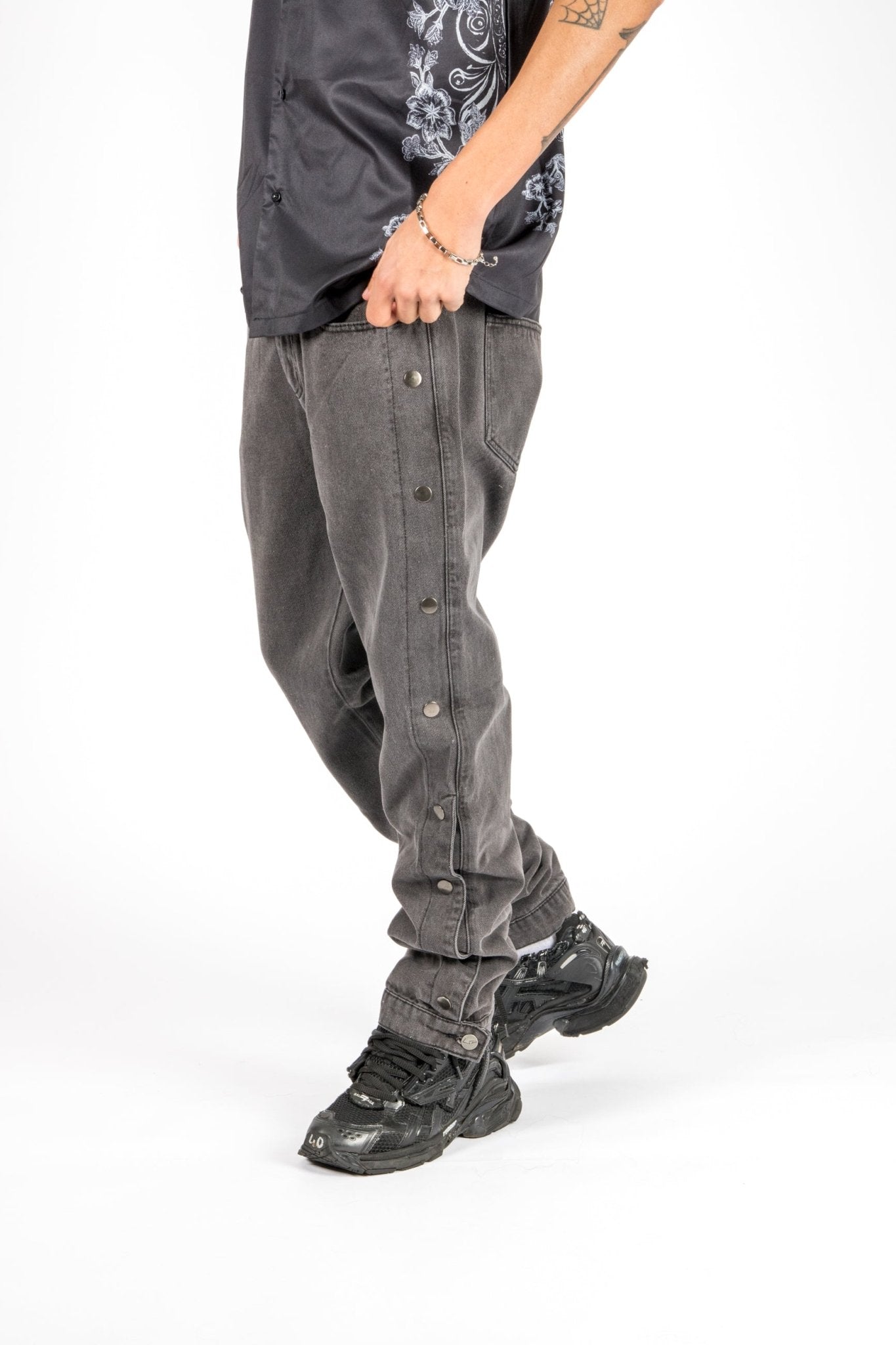 Washed Black Popper Detail Straight Leg Jeans - Liquor n Poker