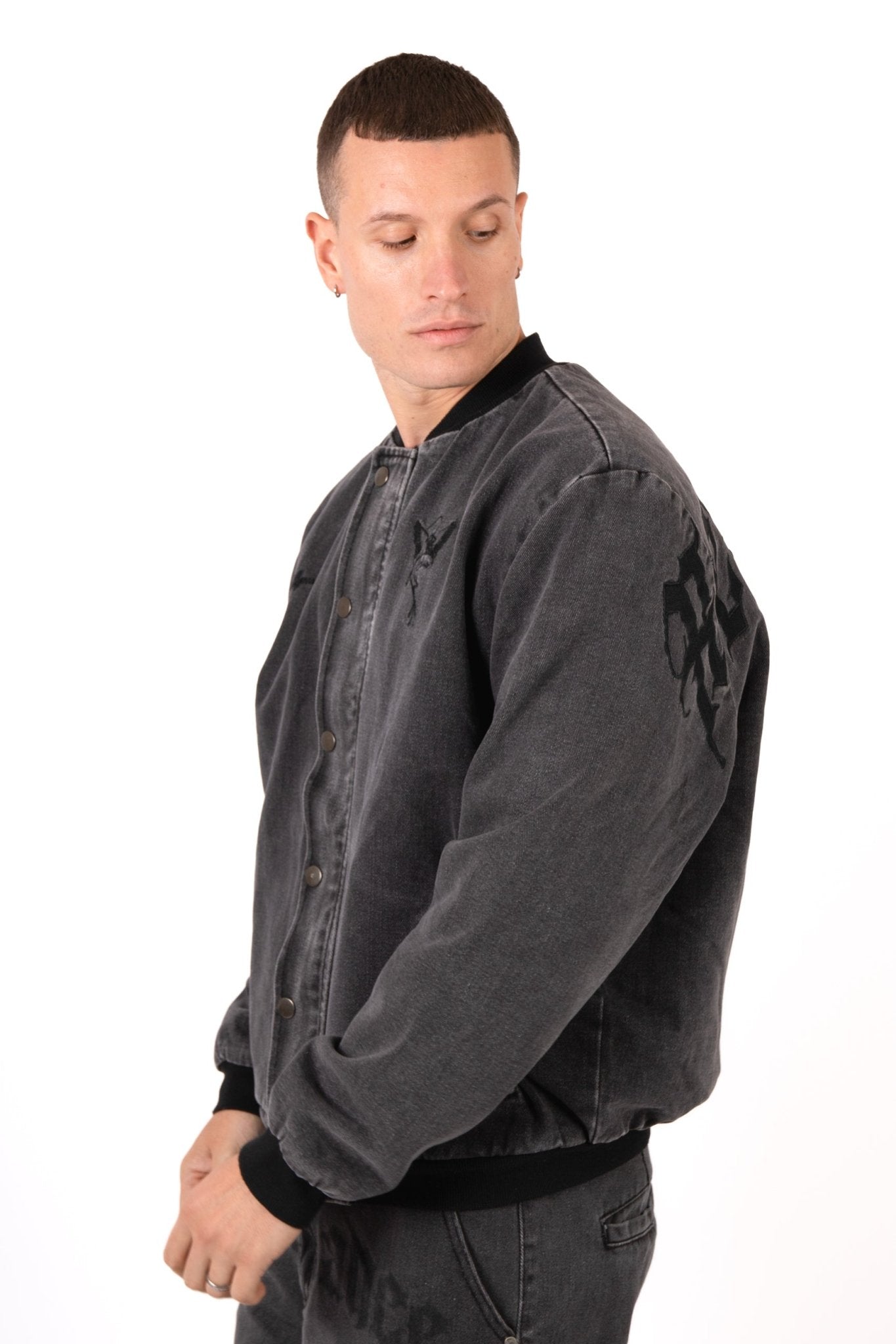 Washed Black 'Repentance' Motif Bomber Jacket - Liquor n Poker