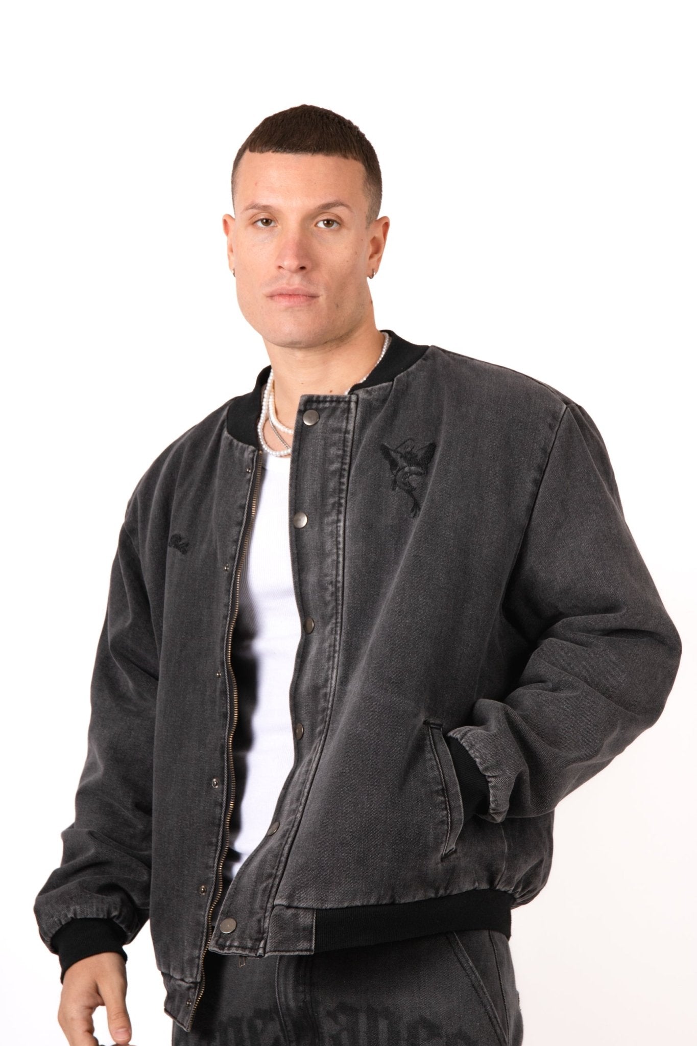 Washed Black 'Repentance' Motif Bomber Jacket - Liquor n Poker