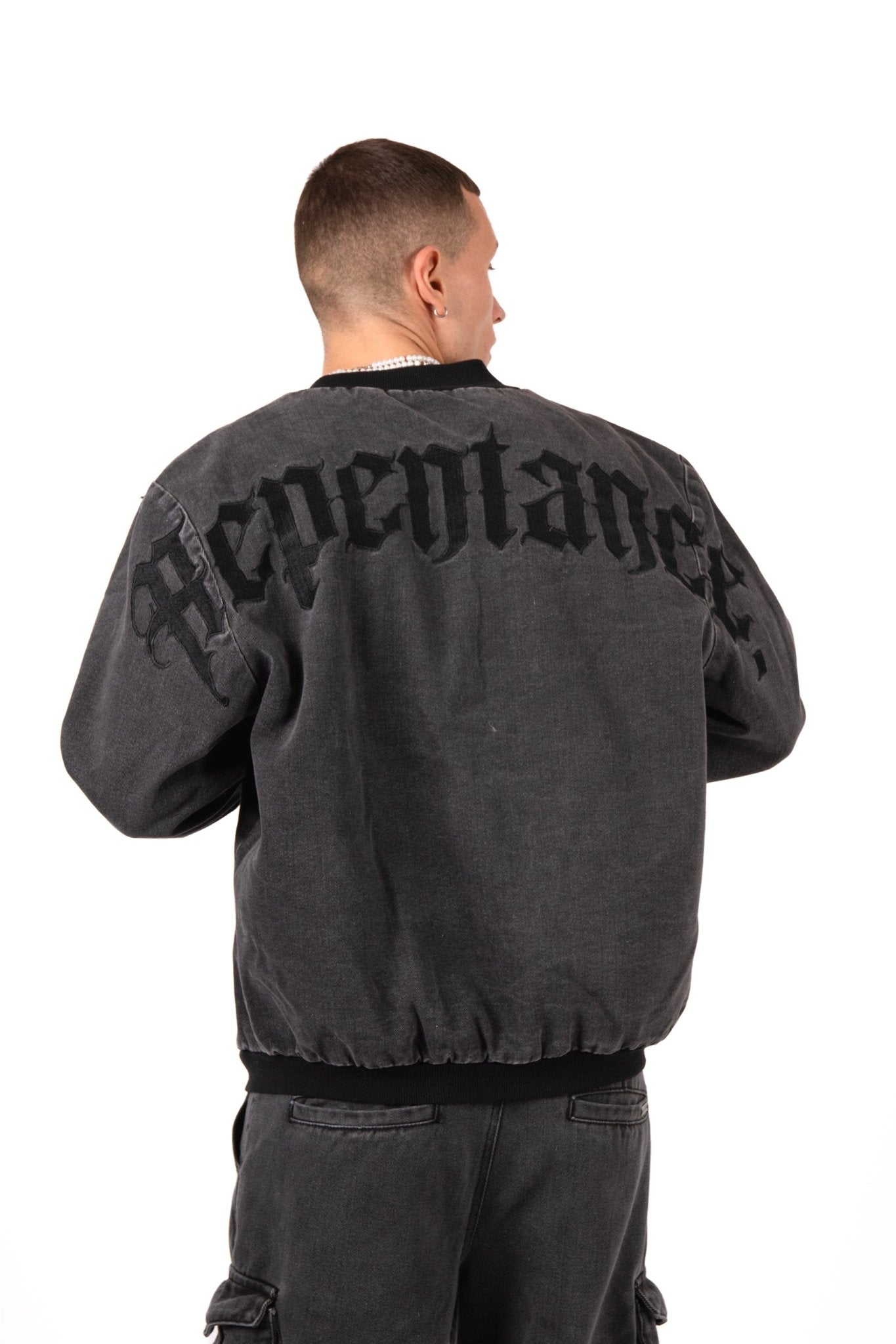 Washed Black 'Repentance' Motif Bomber Jacket - Liquor n Poker