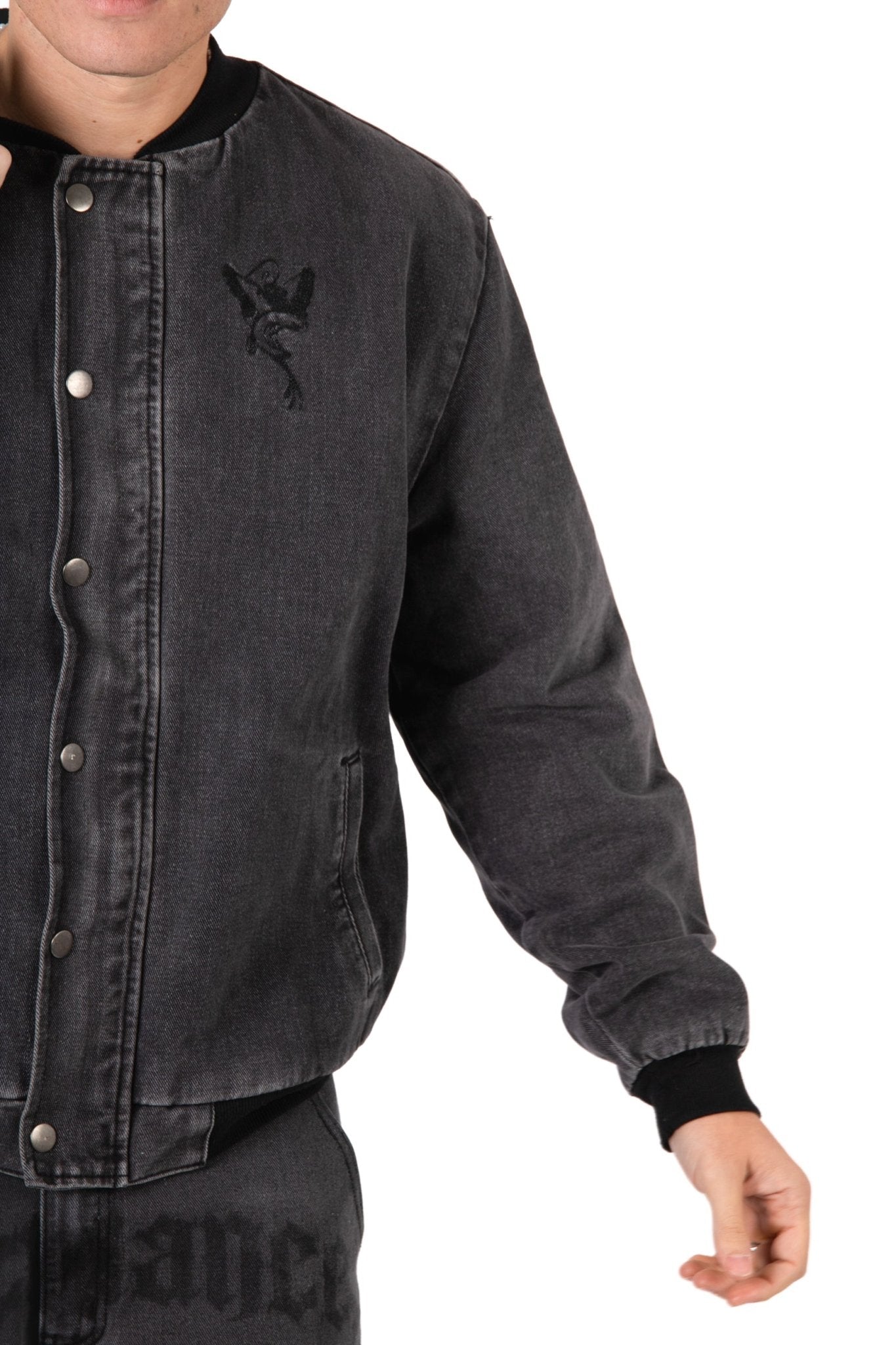 Washed Black 'Repentance' Motif Bomber Jacket - Liquor n Poker