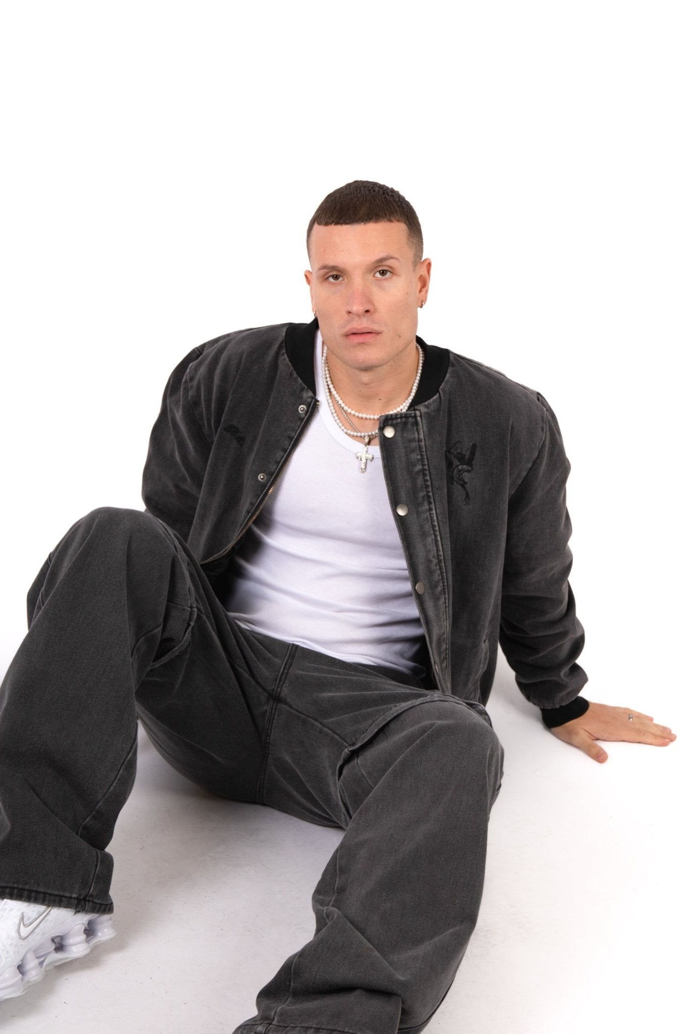 Washed Black 'Repentance' Motif Bomber Jacket - Liquor n Poker