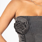 Washed Black Rose Denim Stretch Corset - Liquor n Poker