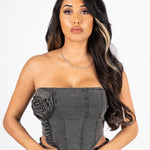 Washed Black Rose Denim Stretch Corset - Liquor n Poker