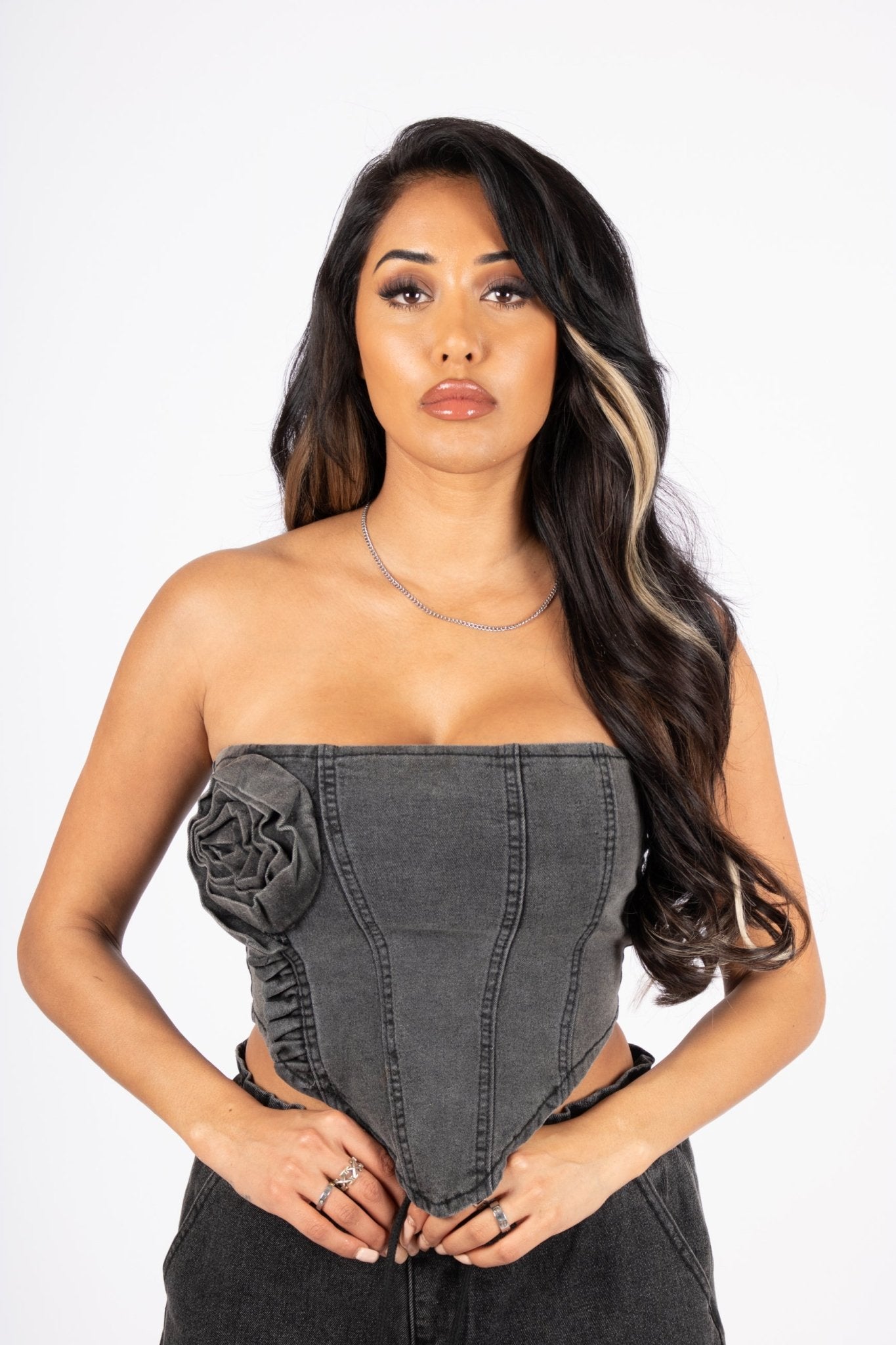 Washed Black Rose Denim Stretch Corset - Liquor n Poker