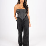 Washed Black Rose Denim Stretch Corset - Liquor n Poker