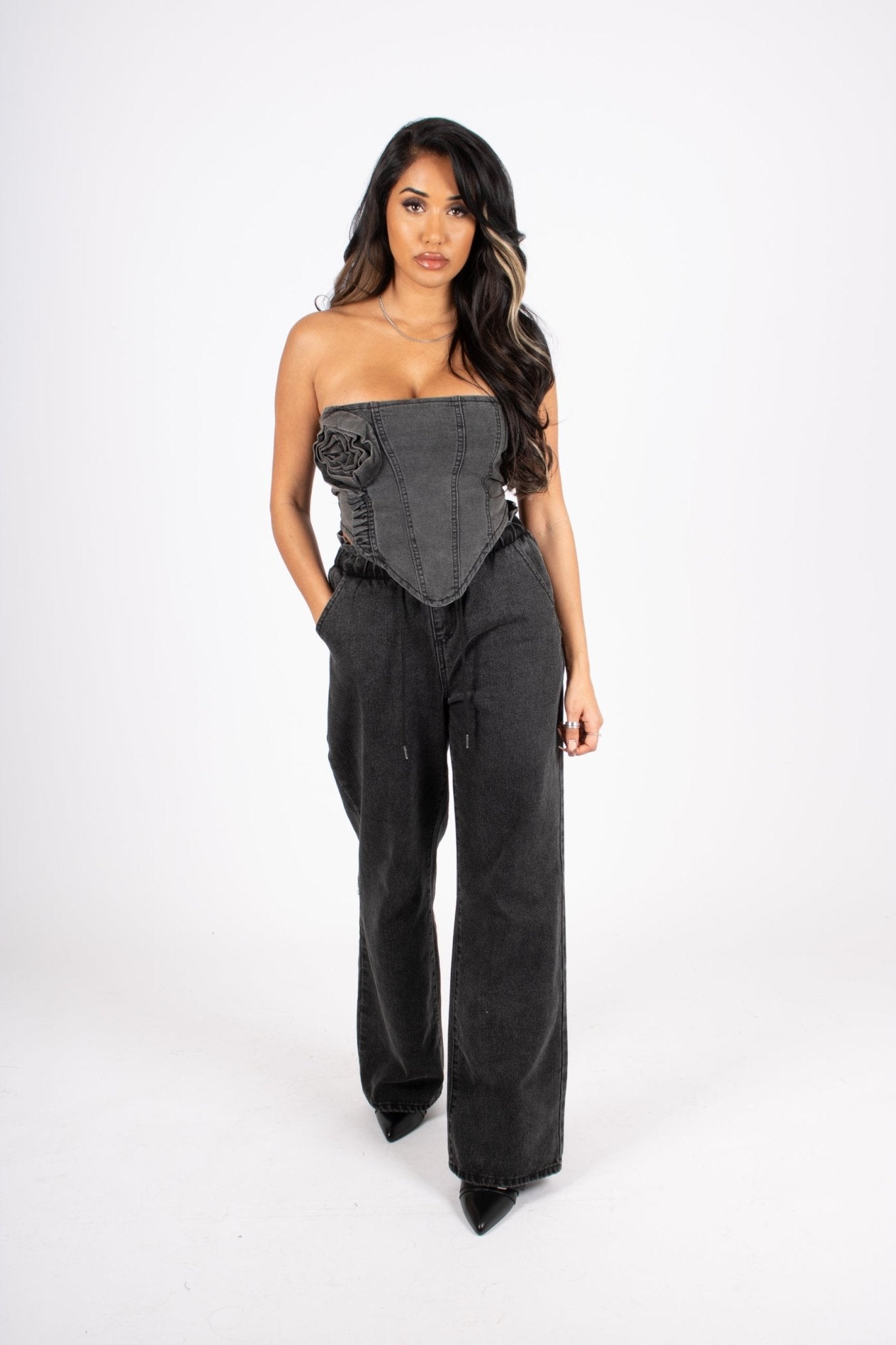 Washed Black Rose Denim Stretch Corset - Liquor n Poker