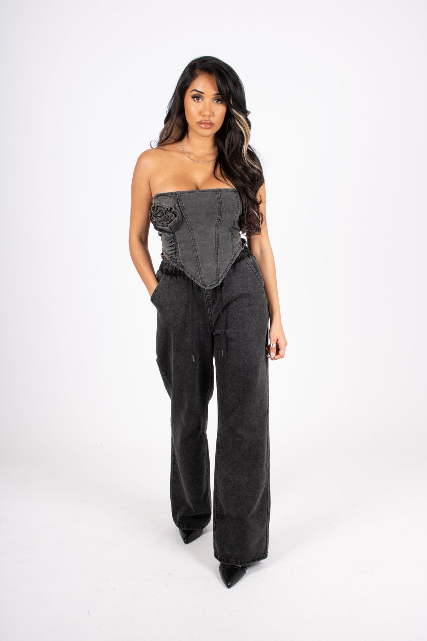 Washed Black Rose Denim Stretch Corset - Liquor n Poker