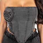 Washed Black Rose Denim Stretch Corset - Liquor n Poker