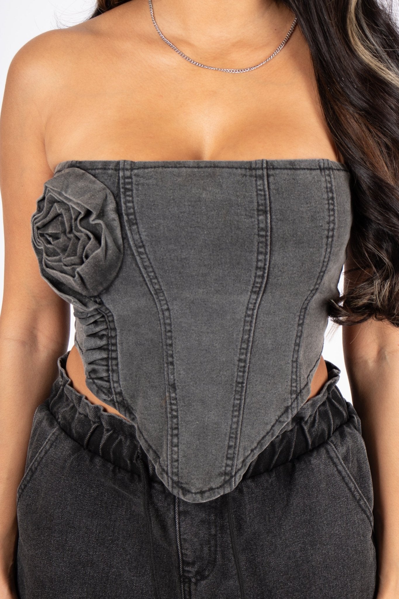 Washed Black Rose Denim Stretch Corset - Liquor n Poker