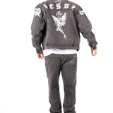 Washed Black 'The Blessed One' Motif Printed Denim Jacket - Liquor n Poker