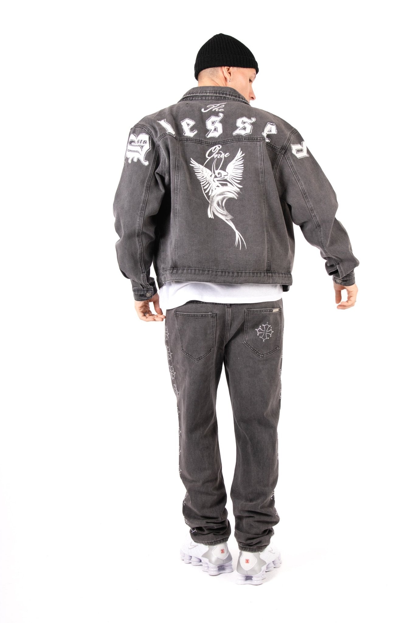 Washed Black 'The Blessed One' Motif Printed Denim Jacket - Liquor n Poker