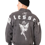 Washed Black 'The Blessed One' Motif Printed Denim Jacket - Liquor n Poker