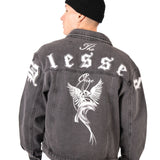 Washed Black 'The Blessed One' Motif Printed Denim Jacket - Liquor n Poker