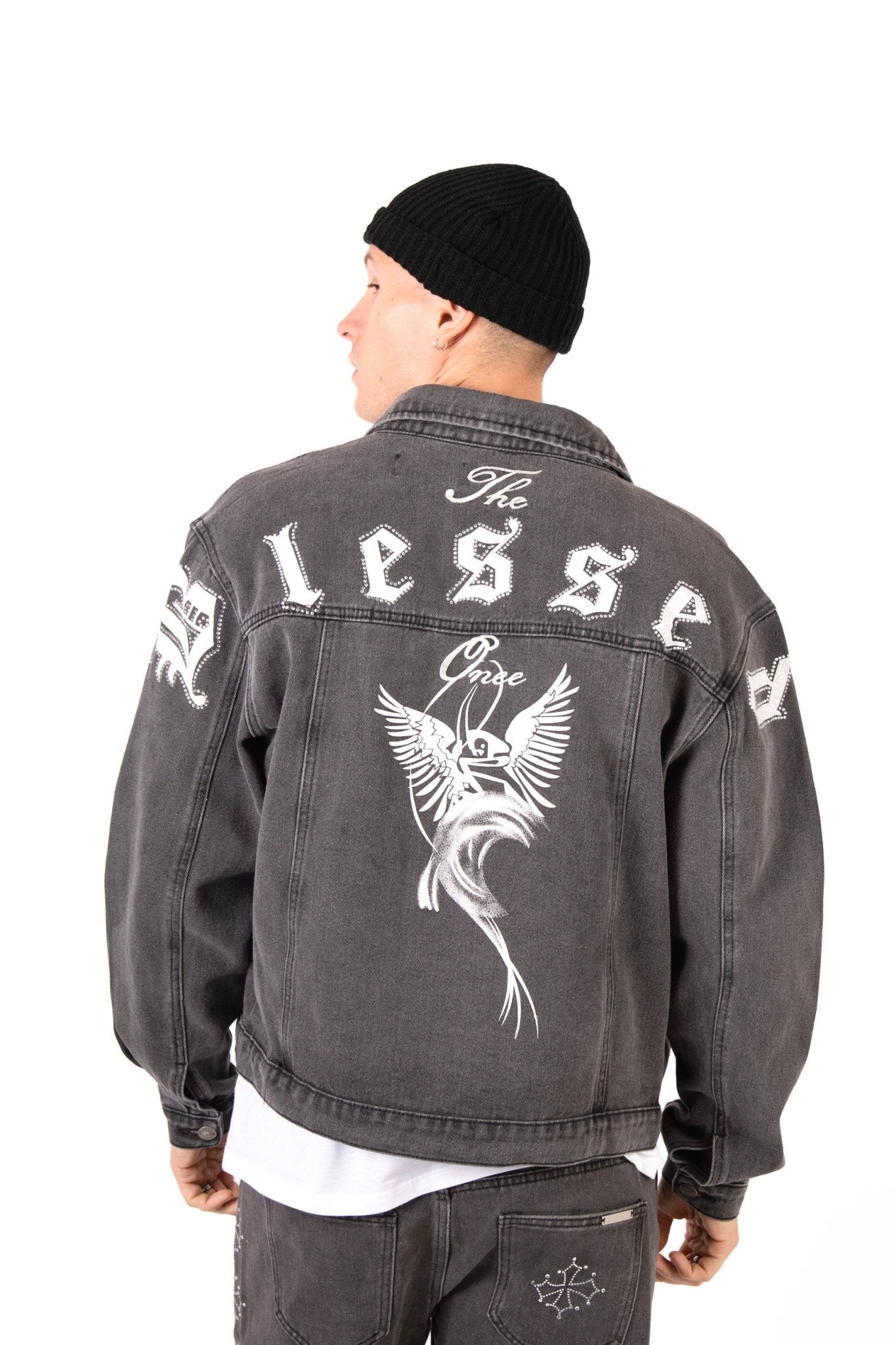 Washed Black 'The Blessed One' Motif Printed Denim Jacket - Liquor n Poker