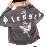 Washed Black 'The Blessed One' Motif Printed Denim Jacket - Liquor n Poker