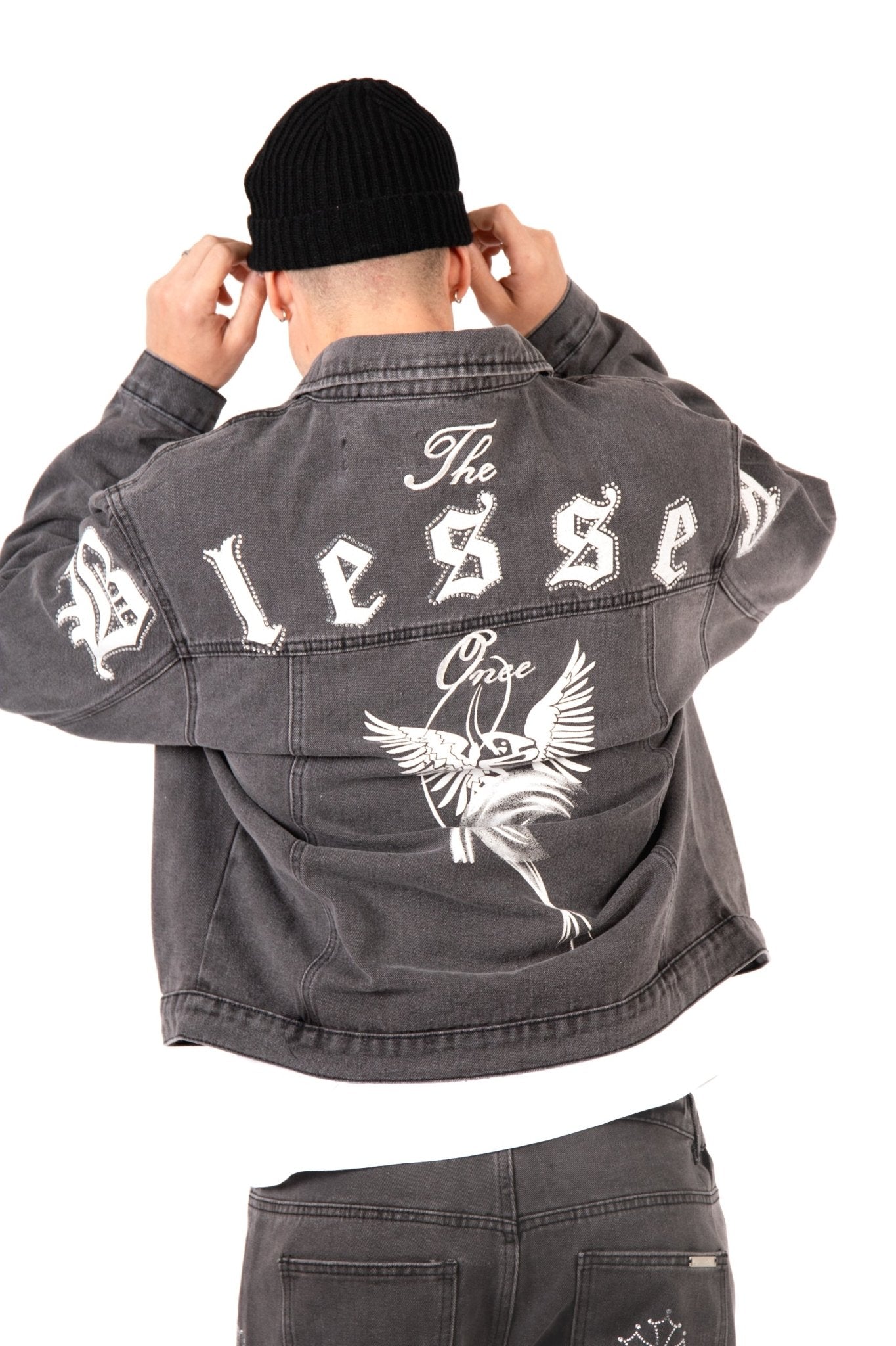Washed Black 'The Blessed One' Motif Printed Denim Jacket - Liquor n Poker