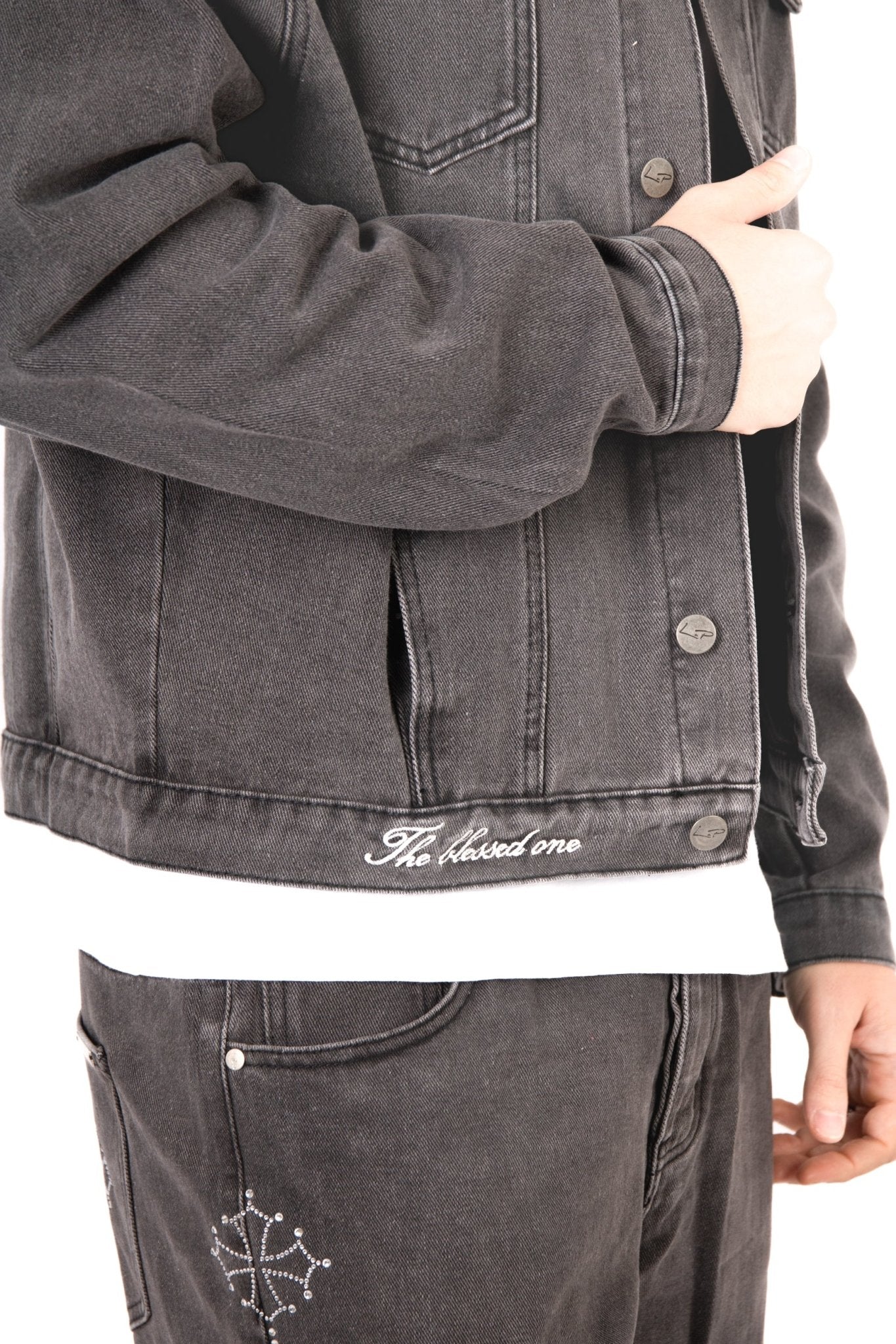 Washed Black 'The Blessed One' Motif Printed Denim Jacket - Liquor n Poker