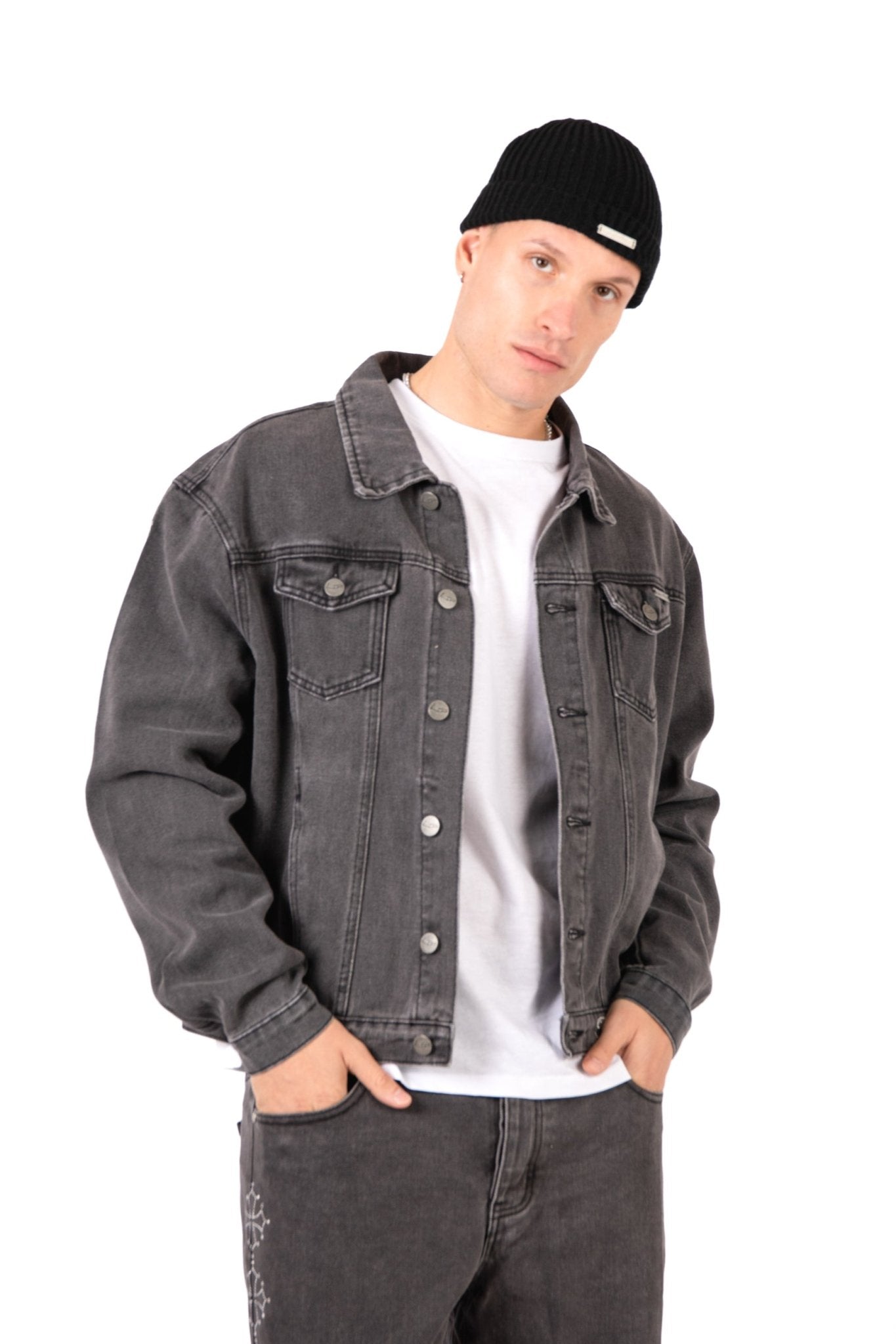 Washed Black 'The Blessed One' Motif Printed Denim Jacket - Liquor n Poker