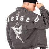Washed Black 'The Blessed One' Motif Printed Denim Jacket - Liquor n Poker
